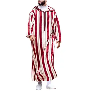 Roupa islâmica de manga longa para homens, roupão árabe de manga longa para o Ramadã, roupão cabo de mão para homens muçulmanos, roupão listrado para o Ramadã, roupão árabe abaya masculino