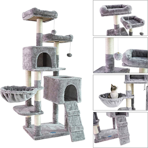 Árbol rascador <span class=keywords><strong>para</strong></span> <span class=keywords><strong>gatos</strong></span> <span class=keywords><strong>de</strong></span> felpa gris, alto, con poste rascador <span class=keywords><strong>de</strong></span> madera, hamaca y <span class=keywords><strong>casa</strong></span>, envío gratis desde fábrica en China - Product Image 5