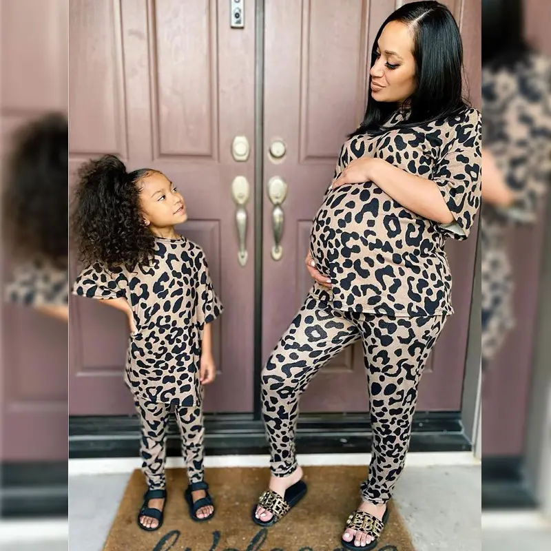 Ins Style Leopard Print Mom and Me Pant Sets Outfits Family Matching Clothes