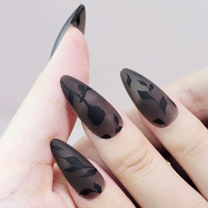Black Matte a mandorla corta sulla punta per unghie fornitore indossabile unghie da <span class=keywords><strong>donna</strong></span> con disegni foglia Trending unghie finte Kit Box - Product Image 3