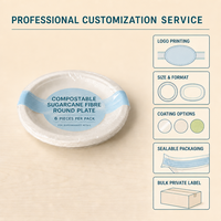 Assiette ronde compostable en fibre de canne à sucre, lot de 6 pièces, emballage de vente au détail thermoscellé POF, assiette jetable pour la vente au détail en supermarché