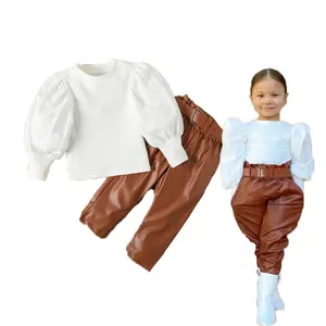 福宇学步儿童女婴长粉扑袖罗纹衬衫上衣和PU皮裤2PCS套装