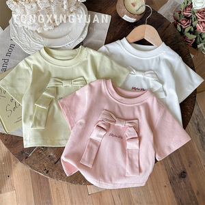 Child Star Circle Baby Girls Short Sleeve T-Shirt Crew Neck Bow Design Breathable Summer Top - Product Image 1