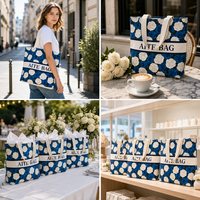Sac fourre-tout structuré en toile de coton à imprimé floral rose bleu avec logo personnalisé, idéal pour demoiselle d'honneur, cadeau de mariage, sac de courses, vente en gros