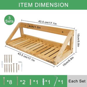 Bamboo Wall Rack 3-Tier Rectangle Wall-Mounted Storage <b>Shelf</b> for <b>Bedroom</b> Living Room Kitchen Bathroom Office - Product Image 4