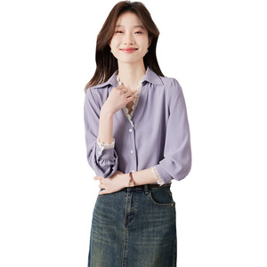 Purple V-Neck Blouse With Lace Trim Chiffon Shirt For Women Spring Summer Fashion Vintage Style Everyday Wear - Product Image 5