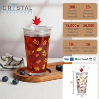 Botol Air Kaca 420ml dengan Tutup Sedotan, Cetak Logo Kustom CRYSTAL, Dekal Bunga, Mug Teh Transparan, Cangkir Jus untuk Kafe