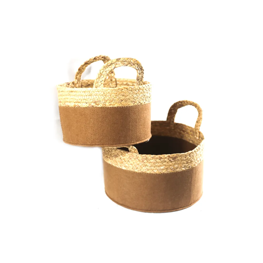 High Level Bathroom Home Straw Woven Round Storage Basket With Handles
