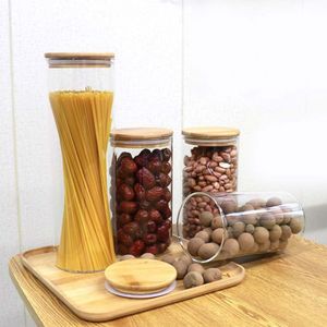 High Borosilicate Glass Airtight <b>Storage</b> Jars With Wooden Lids Cylinder Shape For Kitchen Food Tea Pasta Spices - Product Image 3