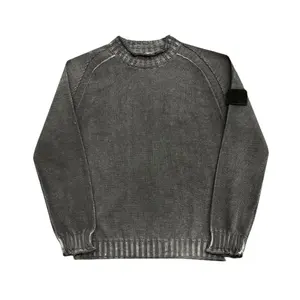 WR Garment custom OEM washed men sweater knitted thick crew neck long sleeve pullover oversized knitwear sweaters