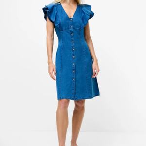 Vestido Maxi Bohemio Informal de Mezclilla Chambray con Volantes, Diseño de Parches Sólidos, Cintura Elástica, Tejido Transpirable para Todas las Estaciones - Product Image 1