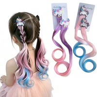 Perruque synthétique bouclée 2 pièces à dégradé de couleurs, motif petit cheval, accessoires pour perruque de filles, épingle à cheveux, cadeau de vacances pour enfants - Vente chaude