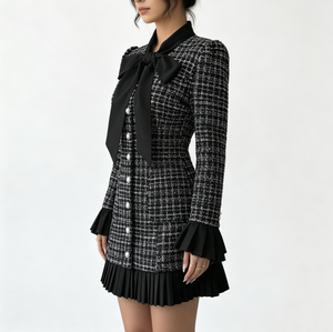Vestido Mini de Tweed Negro para Mujer, Manga Larga, Cuello con Lazo, Botones de Perla en la Parte Delantera, Dobladillo Plisado, Elegante para Oficina o Fiesta - Product Image 2