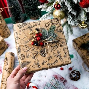 Kraft Christmas Wrapping <b>Paper</b> <b>Roll</b> 17 Inch X 33 Feet Vintage Gingerbread Socks Pattern Brown Holiday Gift <b>Wrap</b> - Product Image 5