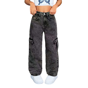Pantalons en <span class=keywords><strong>jean</strong></span> noir tendance pour adolescentes, multi-poches latérales, coupe droite, cargo, pantalons décontractés pour enfants, personnalisés - Product Image 4