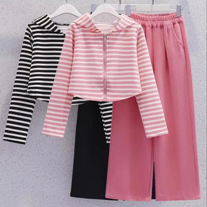 Set di Abbigliamento Sportivo Coreano per Bambine e Ragazze Adolescenti, Felpa con Cappuccio a Righe e Pantaloni della Tuta, 2 Pezzi, Moda Autunno Primavera - Product Image 1