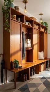 Système d'armoires d'entrée en bois massif Vermonhouzz Custom Farmhouse avec paniers en fil métallique et bancs pour hôtel - Product Image 3