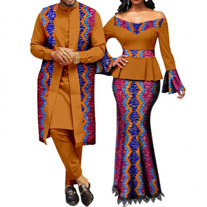 Vêtements africains pour couples, tenues assorties, haut en dentelle imprimé métallique pour femmes et ensembles de jupes sirène, vêtements d'extérieur Dashiki pour hommes Y22C041 - Product Image 5