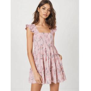 Vestido Mini con Volantes Florales, Lavable y Ecológico, de Algodón, Directo de Fábrica, Ideal para Picnic, Brunch, Vacaciones y Uso Diario Informal - Product Image 1