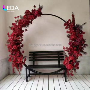 LEDA Factory Direct Outdoor Wedding Decoration Photography Props <b>Pink</b> Metal Bench with Round Stand Flower Arch for Events Decor - Product Image 1