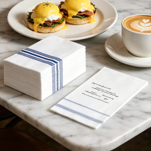 Serviettes de table jetables en pâte de bois vierge 2 plis, rayures bleues personnalisées et citation imprimée, avec sac OPP pour restaurants et cafés - Product Image 5