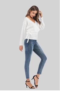 Venta al por mayor <span class=keywords><strong>cuello</strong></span> en V de camisas de manga larga de punto suelto Tops <span class=keywords><strong>Jersey</strong></span> suéteres - Product Image 3