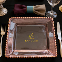 Assiettes de présentation carrées en verre Lanques de 12,6 pouces, vente en gros, dorées et argentées, avec perles, pour la décoration de mariage