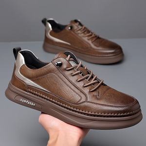 Baskets décontractées en cuir pour hommes, bout rond, à lacets, plateforme, semelle en caoutchouc, confortables, toutes saisons, chaussures épaisses, doublure en maille blanche - Product Image 4