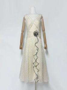 A10861 2025 Retro Vintage Empire Maxi vestido de lunares tirantes fruncido decoración transpirable tejido estambre uno para <span class=keywords><strong>primavera</strong></span> - Product Image 3