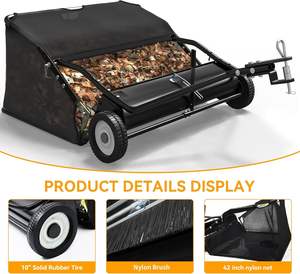 Balayeuse de pelouse 42 pouces à attacher, capacité 20 pieds cubes Collecteur de feuilles et d'herbe pour jardin, avec brosse réglable en hauteur et corde de vidage, noir - Product Image 2