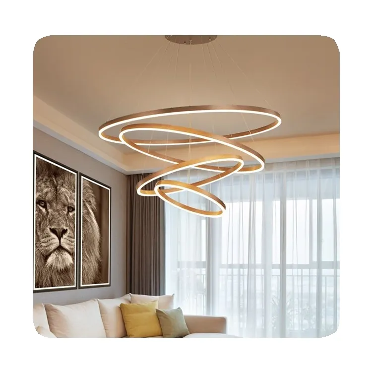 Nuovo soggiorno Hotel cerchio appeso lampada a sospensione Villa scale Multi-anello oro lusso rotondo alluminio spazzolato lampadario 2
