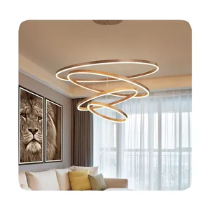 Yeni oturma odası otel daire asılı kolye ışık Villa merdiven çok halka altın lüks yuvarlak alüminyum fırçalanmış lamba avize 2