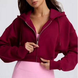 OEM Customized <b>Cropped</b> <b>Zip</b>-Up Burgundy <b>Hoodie</b> Drop Shoulder Long Sleeves 100% Cotton Jersey French Terry Women Hoodies - Product Image 6