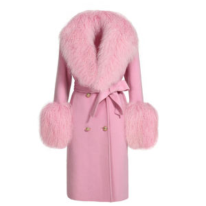 जेक्सवाचर शीतकालीन बेल्ट वाला हैंडमेड डबल सामना कश्मीरी ट्रेंच कोट लक्जरी असली मोंगोलियन मेमने फर कॉलर महिला ऊन लंबे कोट - Product Image 1