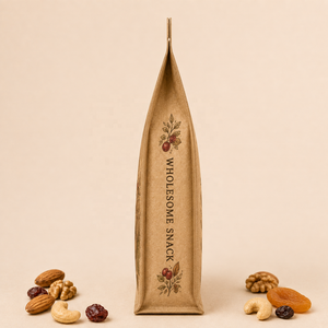 Sacs d'emballage alimentaire en papier kraft refermables en gros avec soufflet latéral et fenêtre pour noix et fruits secs - Product Image 3