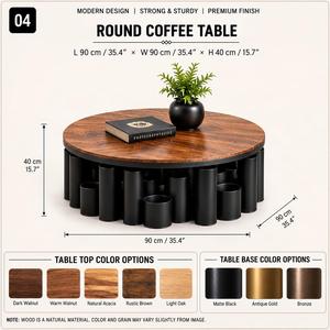 Modern Round Coffee <b>Table</b> Wood Top with Black Metal Tube Base for Living Room Home <b>Office</b> Lounge Interior Furniture Decor - Product Image 4