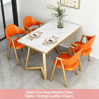 Ensemble table et chaises de salle à manger en pierre frittée avec pieds en métal doré, plateau en marbre de luxe pour salle à manger, mobilier moderne et minimaliste pour la maison