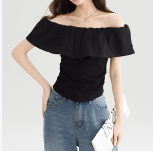 Top Nero da Donna con <span class=keywords><strong>Spalle</strong></span> <span class=keywords><strong>Scoperte</strong></span> e Volant, Manica Corta, Blusa Aderente, Elegante Camicia Estiva Casual per Signore - Product Image 3