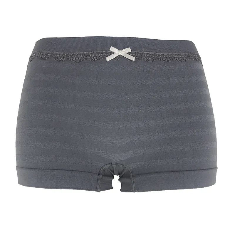 Soft Women's Boxer Brief Striped Print Women Boxer Shorts Underwear Bow Gray Boyshort Underwear With Lace Decorate