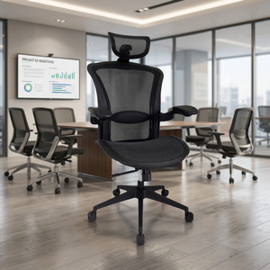 Chaise de bureau pivotante noire moderne à dossier haut en maille avec accoudoirs réglables, conception durable pour les salles de conférence et les espaces de travail - Product Image 1