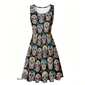 Robe skater sans manches pour femmes, imprimé tête <span class=keywords><strong>de</strong></span> <span class=keywords><strong>mort</strong></span> du Jour des morts, robe d'été trapèze avec poches latérales, robe <span class=keywords><strong>de</strong></span> soirée d'Halloween - Product Image 2