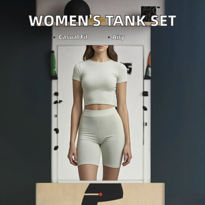เสื้อกล้ามกางเกงขาสั้นผู้หญิงลำลองชุดเดียวระบายอากาศได้ดีเสื้อเอวสูงถักเอวสูงรูปแบบสีทึบ - Product Image 3