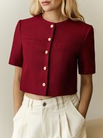 Enyami col rond bouton femmes à manches courtes bouton couleur unie dame petits hauts chemisier manteau veste