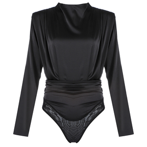 Blusa de satén negro Monos de manga larga para mujer Monos y mamelucos de una pieza recortados - Product Image 6