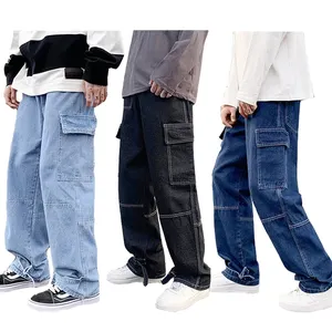 Vente en gros Jeans baggy droits pour hommes Jeans pour hommes amples personnalisés Pantalons en denim Pantalons cargo multi-poches décontractés à la mode pour hommes