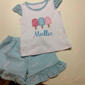 Ensemble de vêtements pour sœurs personnalisées, shorts en seersucker à rayures assorties, ensemble de vêtements pour petites filles à volants sans manches - Product Image 3