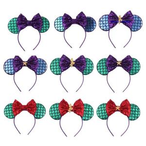 جديد أنيق حورية البحر آذان الماوس عقال الفتيات الاطفال بريق نجم البحر الشعر الترتر 5 "القوس الشعر الطرف DIY اكسسوارات الشعر - Product Image 6