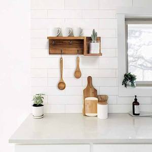 Estante decorativo de <span class=keywords><strong>pared</strong></span> de madera maciza de estilo moderno personalizado, organizador de <span class=keywords><strong>llaves</strong></span> de puerta de entrada de doble nivel, estante de almacenamiento de exhibición de madera - Product Image 5