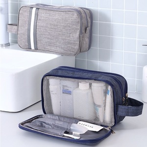 Dry Wet Separation Travel Toiletry Bag Dual Compartment Mesh Visible Pocket Vertical Slot Woven Handle Cationic Fabric Cosmetic - Product Image 4