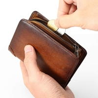 Dompet Lipat Dua Ritsleting Kulit Asli Pemegang Kartu Kredit RFID Dompet Ramping Bifold Saku Koin Kulit Sapi Anti-maling untuk Pria
